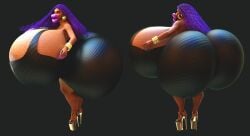 1girls 3d bad_anatomy dress gold_high_heels gold_jewelry huge_breasts huge_hips jackd22 purple_hair purple_lipstick