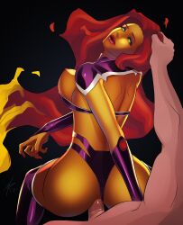 anal_sex breasts_out clothing dc dc_comics heroineaddict large_breasts long_hair male_pov nipples open_mouth pulling_hair sex starfire stockings tamaranean teen_titans