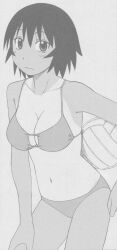 1girls azumanga_daiou big_breasts bikini breasts busty cleavage female female_only hand_on_leg hand_on_own_leg hand_on_own_thigh hand_on_thigh kagura_(azumanga_daiou) large_breasts leaning_forward legs looking_at_viewer navel official_art pose posing scan short_hair solo swimsuit tan tanline thighs volleyball voluptuous