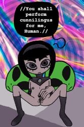 2018 alien alien_girl black_hair bob_cut extraterrestrial flat_chest flat_chested grey_eyes nipples original_character presenting psychic speech_bubble text vagina zal-cryptid