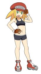 1girls 2020s 2023 blonde_hair breasts capcom confident exposed_belly eyebrows_visible_through_hair female female_only front_view gloves green_eyes gym_shorts hand_on_hip heroine highres legs light-skinned_female light_skin manga mega_man mega_man_legends midriff navel open_mouth pose posing roll_caskett sensual short_hair shorts simple_background small_breasts smile solo solo_female spandex_shorts sports_bra standing teenage_girl teenager thighs tomboy two_tone_footwear two_tone_headwear video_game video_game_character white_background