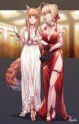 2girls alcohol armlet blonde_hair bracelets breasts brown_eyes brown_hair champagne champagne_flute choker dress earrings fate/extra fate_(series) female female_only gloves green_eyes hair_bun hairbow handbag high_heels holding_drink holding_handbag holo ivris lace_gloves large_breasts locked_arms long_hair necklace nero_claudius_(fate) no_bra o-ring_footwear plunging_neckline red_dress side_slit spaghetti_strap spice_and_wolf strappy_heels thighlet toeless_footwear white_dress wife_and_wife wolf_ears wolf_girl wolf_tail