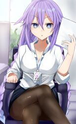 1girls bimmy black_skirt blue_eyes braided_hair breasts chair clavicle cleavage eyebrows_visible_through_hair holding_paper id_card indoors legs_crossed light-skinned_female light_skin long_hair looking_at_viewer medium_breasts name_tag neptune_(neptunia) neptunia_(series) office_chair office_lady open_mouth pantyhose paper pencil_skirt purple_hair purple_heart_(neptunia) shirt sitting_on_chair skirt swivel_chair twin_braids white_shirt window