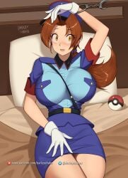 1girls arm_up barleyshake bed big_breasts blush bondage breasts brown_hair cosplay delia_ketchum_(pokemon) female female_only hair handcuffed handcuffs hat headwear hips huge_breasts light-skinned_female light_skin mature mature_female mature_woman milf mother officer_jenny_(pokemon) officer_jenny_(pokemon)_(cosplay) on_back on_bed poke_ball pokeball pokemon pokemon_(anime) police police_hat police_uniform policewoman ponytail restrained skirt solo thighs yellow_eyes