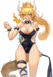 1girls armlet black_leotard blonde_hair blue_eyes bowsette bracelets breasts brooch collar earrings flame flogger halterneck holding_flogger holding_whip horns large_breasts leotard looking_at_viewer mario_(series) new_super_mario_bros._u_deluxe nintendo painted_fingernails ponytail romana_(artist) spiked_armlet spiked_bracelet spiked_collar spiked_shell super_crown tail thigh_strap turtle_shell whip