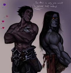 2boys abs biceps black_hair broad_shoulders brothers dark-skinned_male dark_skin darksiders darksiders_2 darksiders_genesis death_(darksiders) dick_root duo duo_focus embarrassed fit fit_male frown frowning glowing_eyes grey_body grey_skin half_naked heart humanoid long_hair male male/male male_only males_only muscles muscular muscular_arms muscular_male muscular_males no_humans notesz_(artist) offscreen_characters orange_eyes pants pants_only plain_background purple_background scar scars shirtless shirtless_(male) simple_background spiky_hair straight_hair strife_(darksiders) tagme_(artist) teasing topless triceps yellow_eyes