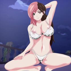 1girls belly_button breasts brown_eyes brown_hair cleavage female female_only hands_behind_head heterochromia light-skinned_female looking_at_viewer neeba neo_(rwby) nipples panties pink_eyes pink_hair rwby smile solo_female squatting