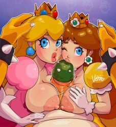 1boy 2girls big_breasts big_penis blonde_hair blue_eyes blush bowser breast_press breasts brown_hair collaborative_fellatio fellatio female interspecies light-skinned_female light_skin male mario_(series) nintendo oral oral_sex paizuri penis pov precum princess_daisy princess_peach spiked_penis theartofvero thick_lips vero