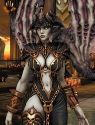 1girls breasts cleavage clothing darksiders darksiders_2 demon demon_girl demon_horns demon_wings demoness green_eyes hips horns lilith_(darksiders) medium_breasts monster_girl screenshot standing succubus succubus_horns succubus_wings thighhighs thighs tummy upscaled video_game wings