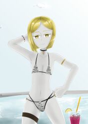 almost_naked bikini cybo flat_chest half-dressed humanoid land_of_the_lustrous looking_at_viewer panties poolside short_hair striped_bikini striped_panties white_skin yellow_diamond_(land_of_the_lustrous) yellow_eyebrows yellow_eyeliner yellow_eyes yellow_hair zebra_stripes