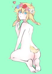 animal_ears animal_tail ass basil_(omori) blonde_fur blonde_hair blonde_tail blue_eyes bubble_butt cute cute_expression deer_boy deer_ears deer_tail feet flower_crown heart hornydaddy hybrid light-skinned_male light_skin looking_at_viewer looking_back looking_back_at_viewer naked omori solo_male twink