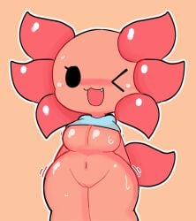 amphibian anthro axolotl blush breasts clothed clothing cute_fang fang female navel one_eye_closed pink_body pussy sleepysous sweat sweatdrop tagme