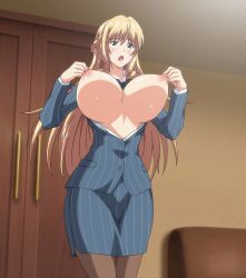 1girls areolae arisa_kissjouji blonde_hair blue_eyes breasts bunnywalker clothing hips huge_breasts kissjouji_arisa kyonyuu_reijou_mc_gakuen large_breasts long_hair nipple_play nipples open_mouth pinching_nipple pinching_own_nipples screencap screenshot t-rex_(animation_studio) thighs wide_hips