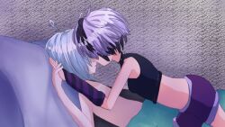 1boy 1girls ahoge armwear average_breasts bed bedroom black_top blanket choker eyes_not_visible faces_touching female female_over_male gray_hair grey_hair hair_shine highlights human mikumikudance mmd purple_armwear purple_hair purple_highlights shirt_off straight striped_armwear utatane_piko v_flower vocaloid vocaloid2 vocaloid4 white_hair