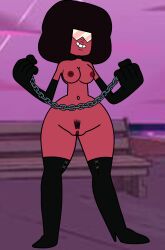 1girls 2023 2d 5_fingers accurate_art_style areola areolae belly_button black_boots boots breasts cartoon_network chains choker clitoris color crystal_gem female female_focus female_only garnet_(steven_universe) gem_(species) gloves hair hairy_pussy holding_chain holding_object humanoid imminent_bondage innie_belly_button j_d_ labia landing_strip naked_female navel nipples nude nude_female pubes pubic_hair pussy red_body red_skin self_upload shades smile smiling solo solo_female solo_focus standing steven_universe sunglasses teeth thick_thighs thigh_boots uncensored vagina wide_hips