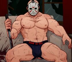 1boy bald bald_male bald_man balls_bulge bara bara_tiddies bara_tits big_bulge big_pecs blood blue_jockstrap blue_underwear buff bulge busty couch friday_the_13th gay hockey_mask holding_object holding_weapon human human_only jason_voorhees jockstrap jockstrap_only legs_apart legs_open legs_spread light-skinned_male light_skin looking_at_viewer machete male male_chest male_focus male_nipples male_only mask masked masked_male mozgistired muscles muscular muscular_male muscular_thighs nipples on_couch open_legs pecs pectorals pink_nipples scar scar_on_chest scar_on_thigh scars sitting sitting_on_couch solo solo_focus solo_male spread_legs thick_thighs underwear underwear_only veiny_muscles