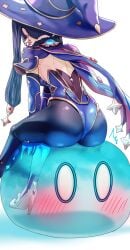 ass black_pantyhose blue_headwear blue_leotard capelet female from_behind fur_collar genshin_impact gold_trim hat high_heels highres huge_ass leotard long_hair mona_(genshin_impact) pantyhose purple_hair sitting slime_(genshin_impact) twintails uenoryoma vision_(genshin_impact) witch_hat