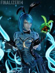 blue_eyes blue_hair bowtie_collar bunny_ears bunnysuit dark_samus finalizer14 grey_skin highres looking_at_viewer metroid metroid_(creature) nintendo tagme zero_suit_dark_samus