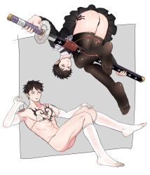 2boys ass bikini black_hair black_legwear black_panties black_thighhighs chest_tattoo clone crossdressing elbow_gloves facial_hair full_body gloves goatee katana looking_at_viewer maid_uniform male male_only micro_bikini nipples_visible_through_clothing one_piece side-tie_panties sideburns sikoyuyo sword tattoo tattoos thighhighs toned toned_male trafalgar_law upskirt weapon white_bikini white_gloves white_legwear