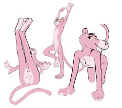 all_fours anthro balls felid flaccid genitals humanoid_genitalia humanoid_penis male mammal mindkog pantherine penis pink_panther simple_background white_background