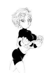 1girls big_breasts bike_shorts busty cheelai dragon_ball female female_only fenyon large_breasts legs looking_at_viewer midriff monochrome navel short_hair solo thighs voluptuous