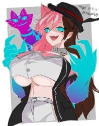 bare_midriff big_breasts breasts brown_hair cat_ears cat_eyes curious_cat_(rwby) multicolored_hair neko neo_(rwby) odakubara pink_hair possessed rwby sharp_teeth underboob unfinished wip