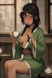 1girls ai_generated airest alcohol avatar_the_last_airbender black_hair blush braids cup cup_of_tea dark-skinned_female dark_skin drinking_tea drunk female_only green_eyes green_kimono holding_cup holding_object indoors jin_(avatar) kimono medium_breasts nipple_slip nipples pointing self_upload solo stable_diffusion tongue tongue_out twin_braids