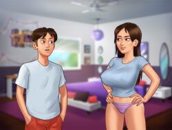 1boy 1girls 2d bed bedroom big_breasts bottomwear breasts brown_hair brown_hair clothed clothing curvy curvy_body curvy_female curvy_figure darkcookie digital_drawing_(artwork) digital_media_(artwork) duo eye_contact hand_on_hips hands_on_hip jenny_(summertime_saga) long_hair looking_at_another looking_at_partner main_character_(summertime_saga) male male/female panties pants pink_panties room shirt shorts smile smiling summertime_saga suspicious thick_thighs topwear underwear