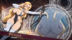 areolae blonde_hair blush breasts closed_eyes cyberframe cyberunique elf elf_ears hips holding_weapon large_breasts long_hair milf nipples original_character phylla_(vaygren) thick_thighs thighhighs thighs vaygren vaygren:lustful_temptation