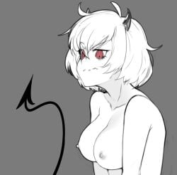 1girls big_breasts breasts demon demon_girl demon_horns demon_tail female gray_background grey_background grumpy helltaker highres horns malina_(helltaker) medium_breasts monochrome nipples porougon realistic_breast_size red_eyes simple_background solo tail white_hair