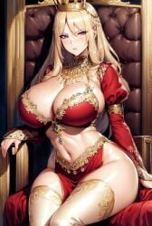 1girls 2023 ai_generated attack_on_titan bangs big_breasts blonde_hair blue_eyes breasts_bigger_than_head cleavage clothed_female crown curvy_female curvy_figure disappointed disapproval earrings female female_only frowning furrowed_brow glaring glaring_at_viewer gold_jewelry gold_trim hair_between_eyes historia_reiss hourglass_figure huge_breasts jewelry large_breasts long_hair mature mature_female milf navel necklace princess queen red_dress royalty scowl sitting sitting_on_throne solo stable_diffusion throne