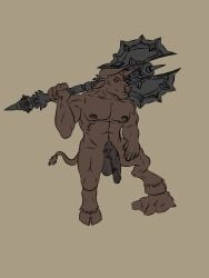 1boy anthro axe balls blizzard_entertainment bovid bovine european_mythology genitals greek_mythology hi_res hooves horn male male_only mammal minotaur muscular mythology naughty_ram nude penis solo tauren warcraft world