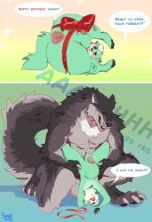 absurd_res anthro anthro_on_anthro anthro_penetrated anthro_penetrating anthro_penetrating_anthro anus balls canid closed_eyes duo english_text erection famir_(artist) fangs fur genitals glistening glistening_eyes green_balls green_body green_fur green_perineum grey_body grey_fur grin hi_res humanoid_genitalia humanoid_penis lying male male/male male_penetrated male_penetrating male_penetrating_male mammal nude on_side penetration penis perineum presenting presenting_anus red_eyes red_penis ribbons sex size_difference smile species_request speech_bubble teeth text