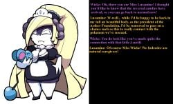 all_fours alternate_species azurill blonde_hair breast_feeding breast_sucking breastfeeding chabble dialogue female female_only green_eyes indeedee long_hair lusamine_(pokemon) maid_apron maid_headdress maid_outfit maid_uniform pokemon pokemon_(species) post_transformation purple_skin shortstack transparent_background typo