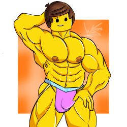 1boy abs bara brown_hair emmet_brickowski jockstrap lego looking_at_viewer male male_only muscular_male solo text the_lego_movie warner_brothers wichi-kz yaoi yellow_skin