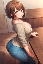 ai_generated bent_knees big_ass blue_jeans bob_cut brown_eyes brown_hair busty cleavage clothed female gloria_(pokemon) grey_cardigan jeans long_sleeves looking_at_viewer pokemon pokemon_ss seraphim_ai side_view solo stable_diffusion standing tam_o'_shanter