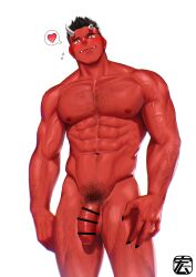 balls bara blush censored_penis hiroki_bzdsk horns japanese_mythology male male_only muscles muscular mythology nude oni oni_horns penis red_body red_oni red_skin solo solo_male