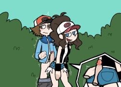 ass buttjob clothed_sex denim_shorts embarrassed hand_on_ass hilbert_(pokemon) hilda_(pokemon) hot_dogging krusha64612042 large_penis outdoor_sex outdoors pants_down pokemon pokemon_bw precum precum_drip shorts small_breasts tblb203 underwear