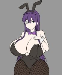 1girls 2023 alternate_version_available big_breasts black_eyes breasts bunny_ears bunnysuit cleavage doki_doki_literature_club female female_only hands_above_breasts large_breasts long_hair purple_hair smile solo solo_female woomler yuri_(doki_doki_literature_club)