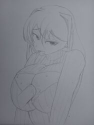 1boy 1female 1girls 1male artist_unknown big_breasts bodily_fluids breast_cutout breasts cleavage cleavage_cutout clothes clothing cock cutout doki_doki_literature_club hair_intakes mouth_open open_mouth paizuri paizuri_under_clothes penis sweat sweatdrop sweatdrops sweater sweating unknown_artist unknown_source yuri_(doki_doki_literature_club)