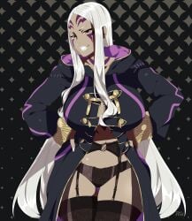 1girls absurdres alternate_costume artist_name aversa_(fire_emblem) bare_thighs black_panties black_robe black_thighhighs breasts commission cosplay dark-skinned_female dark_skin facial_tattoo female female_only fire_emblem fire_emblem_awakening garter_straps grin highres hood hood_down hooded_robe large_breasts lingerie long_hair nintendo open_clothes open_robe panties pixiv_commission r3dfive robe robin_(fire_emblem)_(cosplay) smile solo tattoo thick_thighs thighhighs thighs underwear very_long_hair white_hair