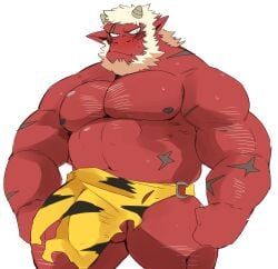 balls bara beard blush facial_hair horns hyaku_(artist) japanese_mythology loincloth male male_only muscles muscular mythology oni oni_horns penis red_body red_oni red_skin solo solo_male