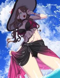 1girls absurdres alternate_costume ass_visible_through_thighs bracelet breasts brown_hair cleavage cloud cloudy_sky commission dorothea_arnault dorothea_arnault_(summer) earrings female female_only fire_emblem fire_emblem:_three_houses fire_emblem_heroes flower green_eyes hat hat_flower highres jewelry large_breasts long_hair midriff nail_polish nintendo official_alternate_costume open_mouth rasupekuto sarong skeb_commission sky solo swimsuit thighs water