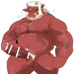 balls bara beard blush boner censored_penis erection facial_hair horns hyaku_(artist) japanese_mythology male male_only masturbation muscles muscular mythology oni oni_horns penis red_body red_oni red_skin solo solo_male