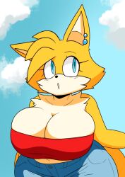 1girls anthro belly_button berkthejerk big_breasts blue_eyes blush breasts earrings female female_only fox fox_ears fox_girl fox_tail furry furry_female jeans looking_up miles_prower navel rule_63 sega sonic_(series) sonic_the_hedgehog_(series) tails tails_the_fox tailsko