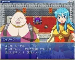 1boy 1girls angry blue_eyes blue_hair breasts eirika_(fire_emblem) fat_man female fire_emblem fire_emblem:_the_sacred_stones game_cg gheb_(fire_emblem) japanese_text long_hair looking_back male medium_breasts moobs nintendo open_mouth rpg_maker rpg_maker_vx text text_box translation_request ugly_bastard ugly_man yukinojo