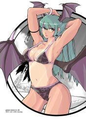 1girls armpits arms_behind_head bat_wings beach big_breasts bikini breasts busty capcom cleavage covered_navel darkstalkers demon_girl female female_only glasses green_eyes green_hair large_breasts legs long_hair looking_at_viewer morrigan_aensland navel pink_lips pose posing rocohisaya seductive_smile sensual sexy_armpits smile solo succubus swimsuit tan tanline thighs voluptuous water wings