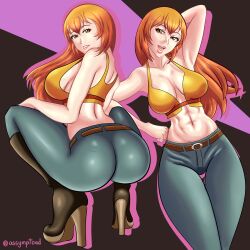 1girls abs armpits arms_up ass_focus assymptoad bangs big_ass boots breasts brown_eyes chinese_girl curvy dat_ass female female_only high_heel_boots high_heels highres joy_(shenmue) large_breasts long_hair looking_at_viewer looking_back navel orange_hair pants sega shenmue shenmue_2 shenmue_ii shiny shiny_skin sideboob smile solo squatting thick_thighs thighs toned toned_female top topwear