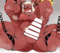 armpit_hair balls bara beard blush boner censored_penis chained_ankles erection facial_hair horns hyaku_(artist) japanese_mythology male male_only muscles muscular musk mythology oni oni_horns penis red_body red_oni red_skin solo solo_male spread_legs