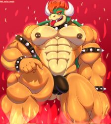 1boy 2023 abs abstract_background anthro anthro_only armband bara biceps big_muscles big_pecs blush bowser bracelet bulge claws clothed clothing collar deltoids el_palas_magic eyebrows fire gay hair hi_res horn huge_muscles huge_thighs jewelry koopa looking_at_viewer male male_only mario_(series) muscles muscular muscular_anthro muscular_male narrowed_eyes navel nintendo nipple_piercing nipples non-mammal_nipples obliques open_mouth open_smile pecs piercing quads red_background scalie shell simple_background smile solo spiked_armband spiked_bracelet spiked_collar spiked_shell spikes spikes_(anatomy) standing teeth text thick_thighs thong thong_only tongue tongue_out topless topless_anthro topless_male underwear underwear_only url yaoi